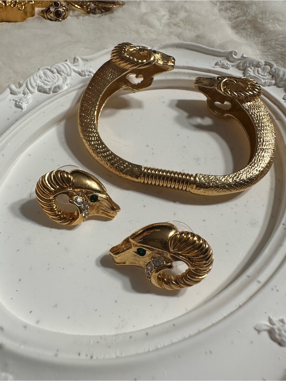 Vintage KJL Kenneth Jay Lane Ram Head Bracelet and Earrings Set